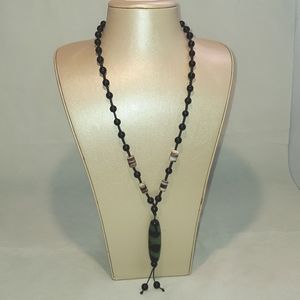 Vintage Glass Bead‎ Long Necklace Boho Hippie Green Black Handmade Jewelry